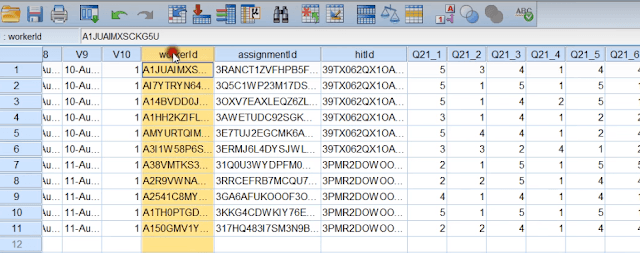 Screenshot showing the SPSS data file with columns for Worker ID, assignment ID, and HIT ID