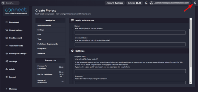 Connect participant dashboard displayed in dark mode with dark background