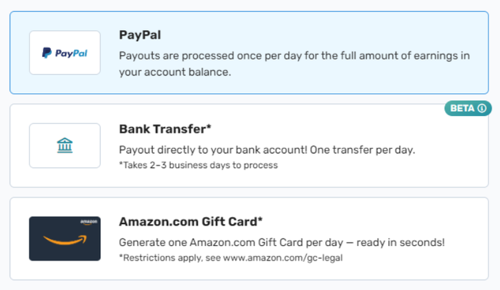 Connect withdrawal options showing PayPal, Bank Transfer, and Amazon Gift Card