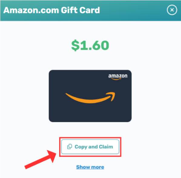 Amazon gift card redemption dialog with Copy and Claim and Show More options