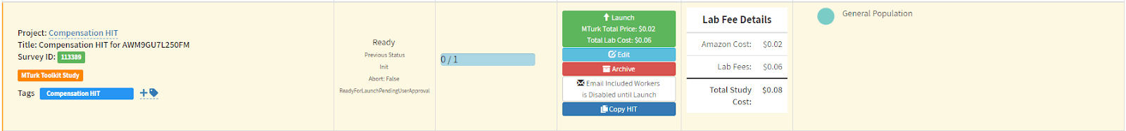 CloudResearch study dashboard showing the newly created Compensation HIT at the top of the list