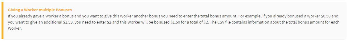 Example showing cumulative bonuses - if a worker previously received $2 and now needs $3 more, you must enter $5 in the amount field