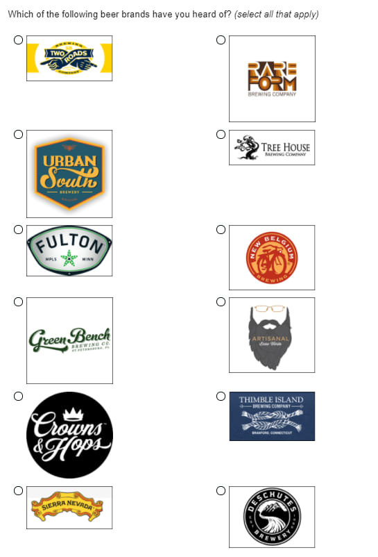 Example of an aided recall survey question showing a list of beer brands for respondents to select those they recognize